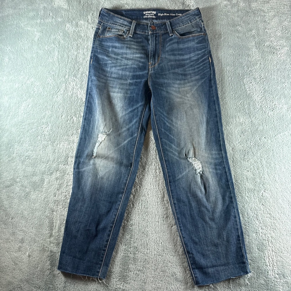 Signature by Levi Strauss High Rise Slim Crop Jeans Distress Raw Hem Size 2 W26